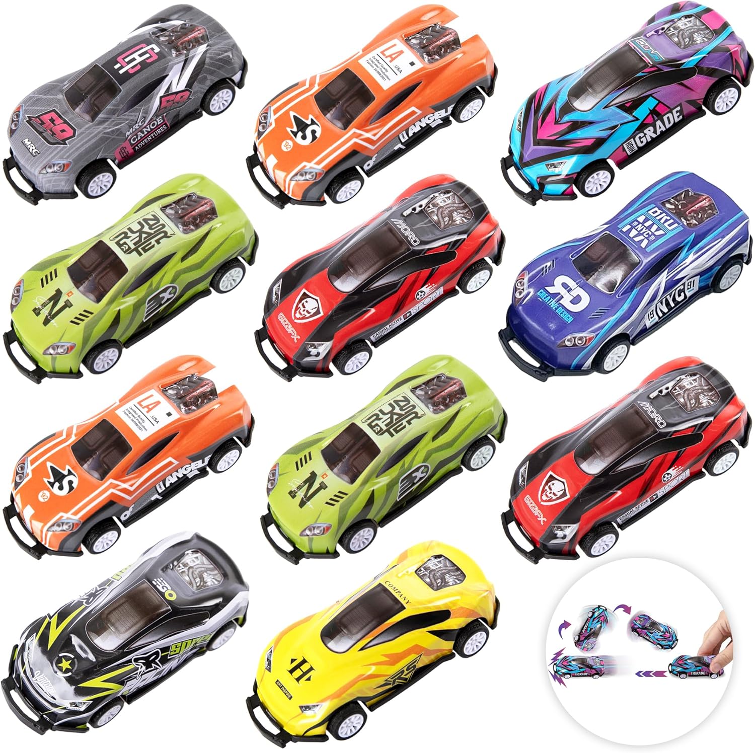 ArtCreativity Pullback Flip Stunt Cars for Boys (Set of 12) Pullback Diecast Race Cars for Kids in 8 Cool Designs - Retro Toy Cars for Boys and Girls - Model Stunt Cars for Hours of Racing Fun