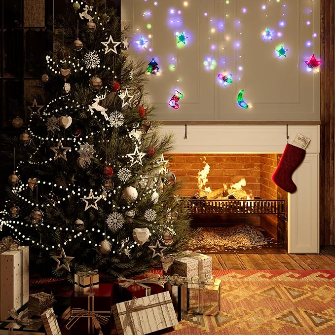 ArtCreativity Window Christmas Lights - LED Christmas Curtain Lights with a Connecting Wire - Light Up Hanging Christmas Decorations for Holiday Decor - Indoor Christmas Curtain Lights with Pendants