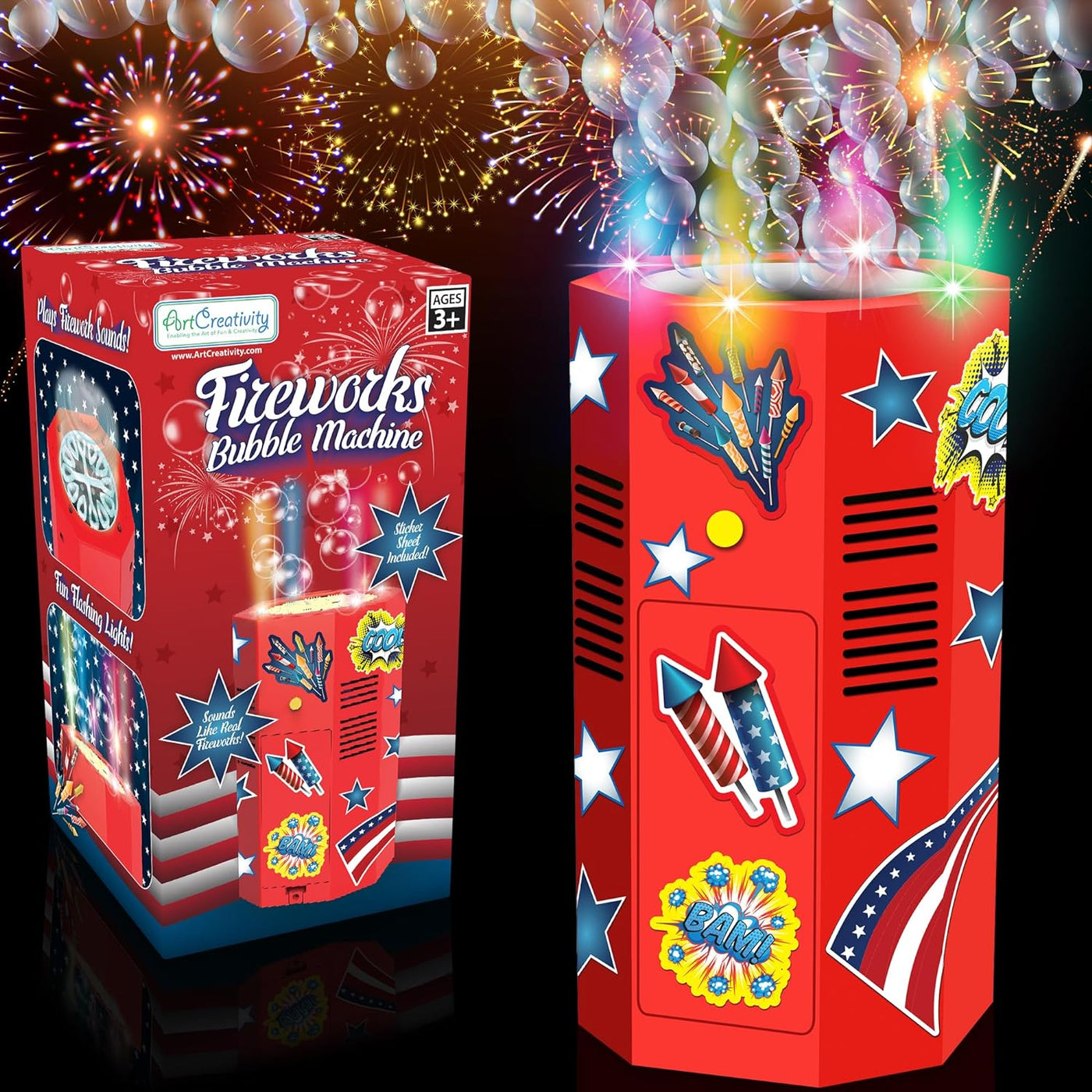 ArtCreativity Fireworks Bubble Machine - Electric Bubble Blower Toy with Fireworks Sound Effects and Flashing LED Lights - Includes Bubble Solution, Batteries, Stickers - 4th of July Party Supplies