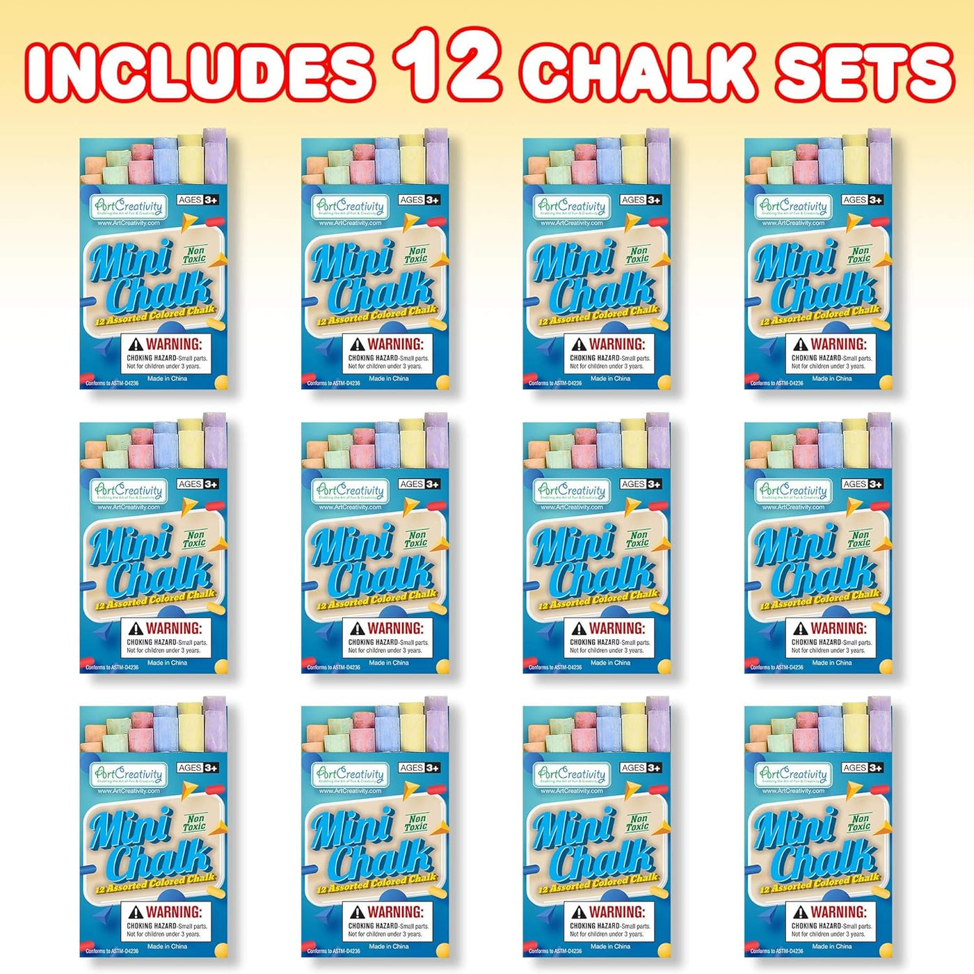 ArtCreativity 144 Count Mini Chalk Set for Kids (12 Boxes) Blackboard Chalk Sticks - Non-Toxic Art and Craft Supplies - Birthday Party Favors for Boys and Girls - Fun Goody Bag Fillers