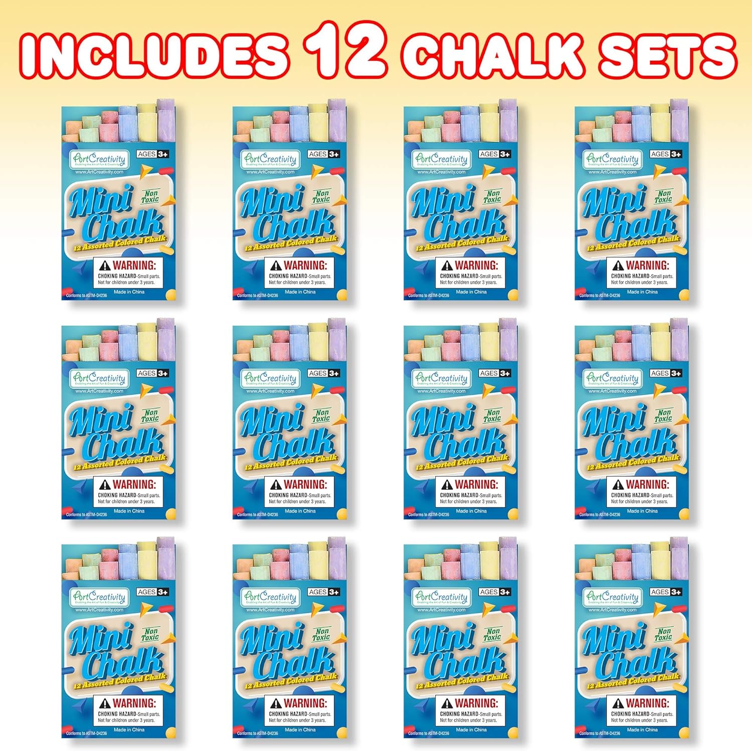 ArtCreativity 144 Count Mini Chalk Set for Kids (12 Boxes) Blackboard Chalk Sticks - Non-Toxic Art and Craft Supplies - Birthday Party Favors for Boys and Girls - Fun Goody Bag Fillers