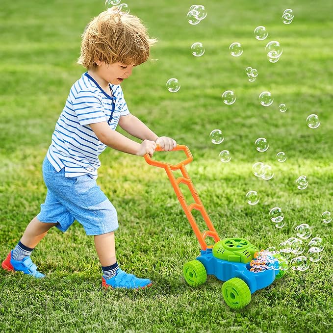 Bubble Lawn Mower for Toddlers, Blue and Green