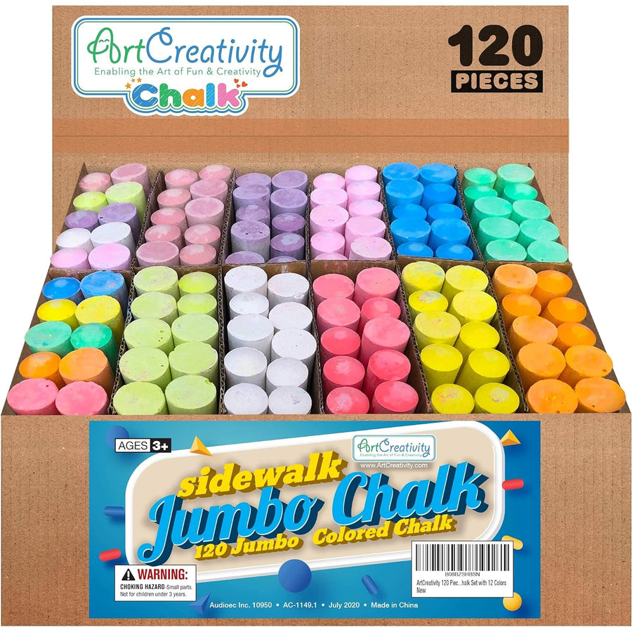 ArtCreativity Jumbo Sidewalk Chalk Set for Kids, Giant Box of 120 Colorful Chalk Pieces, Non-Toxic, Dust-Free, Washable Chalk in 10 Colors, For Driveway, Pavement, Outdoors, Great Arts & Crafts