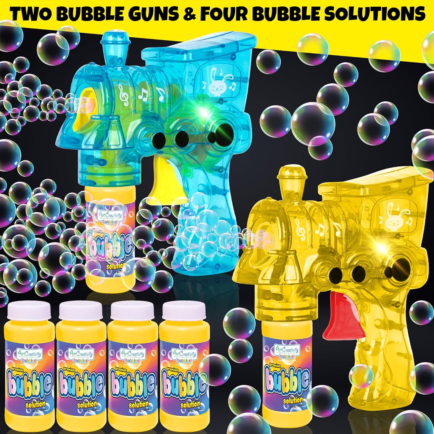 LED Bubble Gun Trains for Kids, 2 Pack Light Up Bubble Gun Blasters and 4 Bottles of Bubble Fluid, Small Bubble Guns (Bulk) for Indoor and Outdoor Fun, No Batteries Included