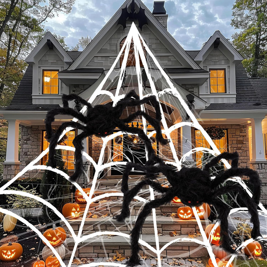 Giant Spider Halloween Decorations, Includes Two 24" Spiders and a 16.4' Spider Web, Outdoor Spider Web Decoration with 2 Giant Spiders, Outdoor Halloween Decorations for Haunted House