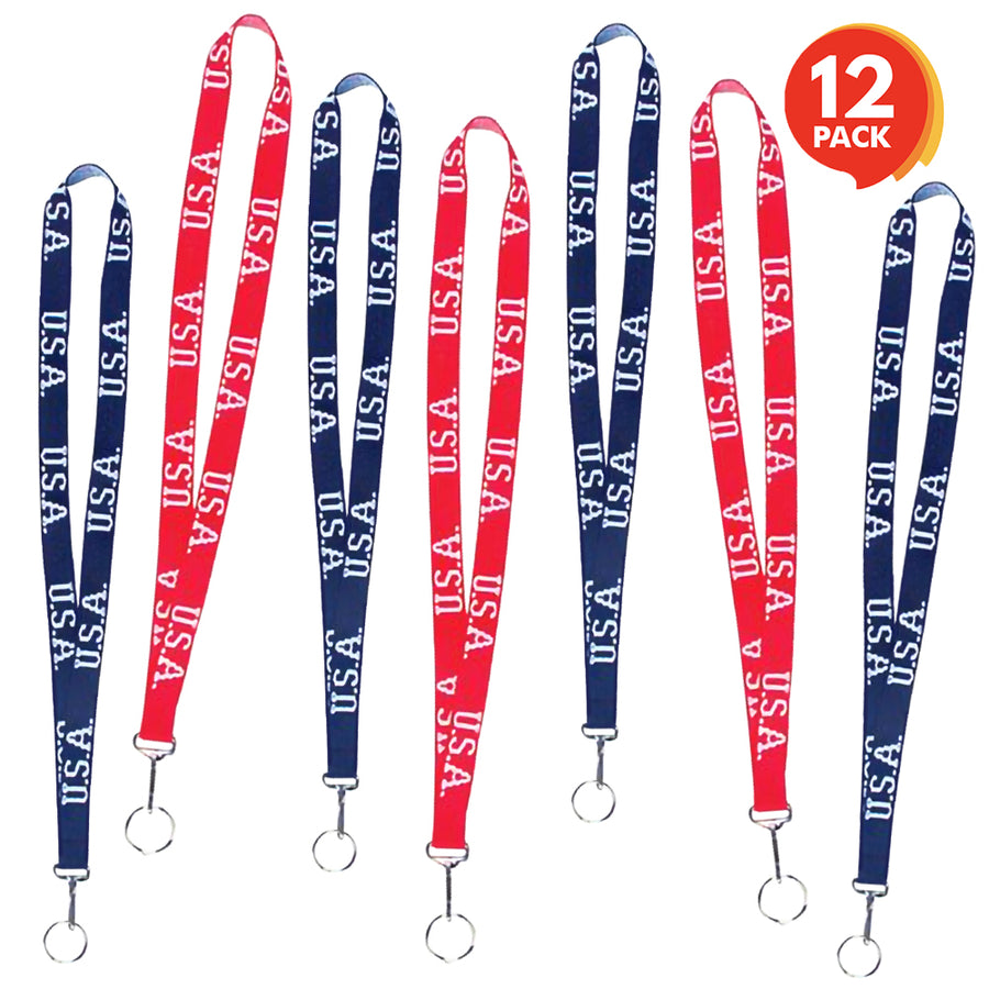 Patriotic Keychain Lanyards, Set of 12, 4th of July Party Favors, Red and Blue Lanyards with Key Ring and Metal Clip, Fun Accessories and Gifts for Patriotic Holidays and Events