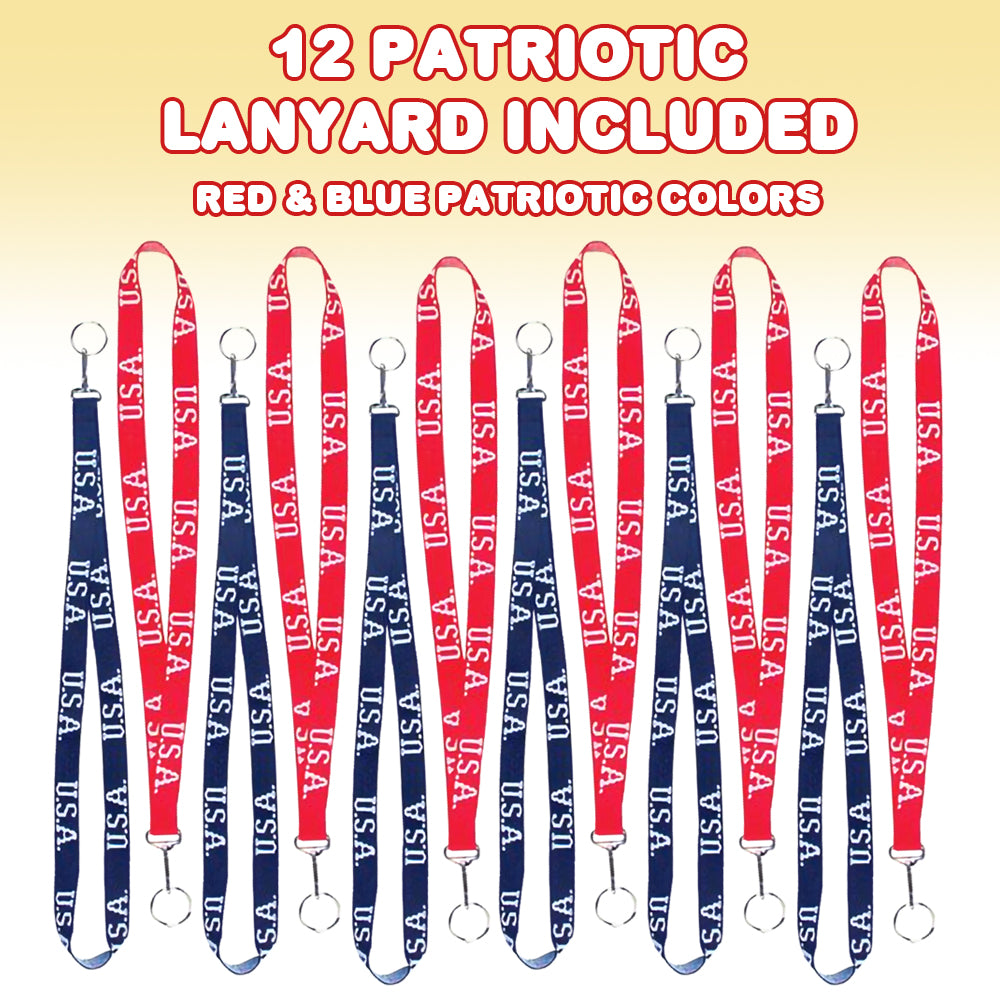 Patriotic Keychain Lanyards, Set of 12, 4th of July Party Favors, Red and Blue Lanyards with Key Ring and Metal Clip, Fun Accessories and Gifts for Patriotic Holidays and Events