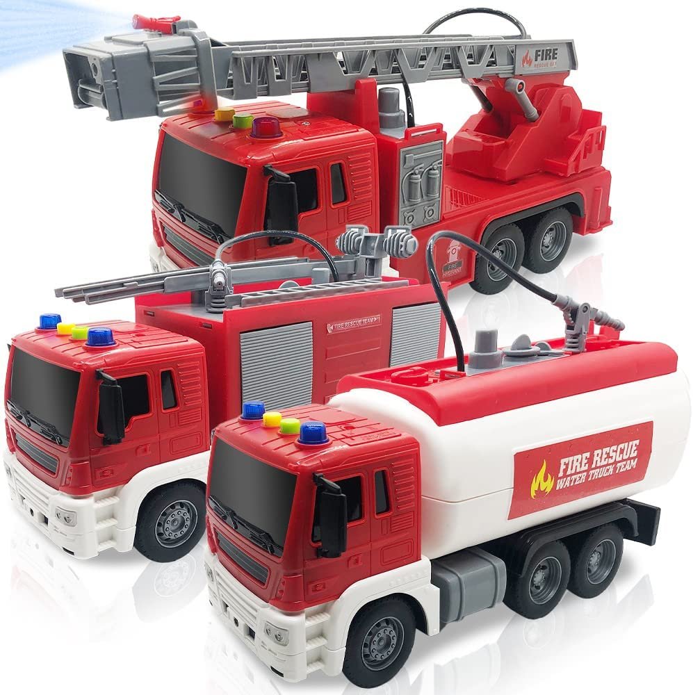 ArtCreativity Fire Trucks for Kids, Set of 3, Includes Ladder Truck, Tanker Truck, and Engine Truck, Fire Truck Toys with Real Water Spraying, LEDs, and Sound, Push and Go Fire Trucks for Boys & Girls