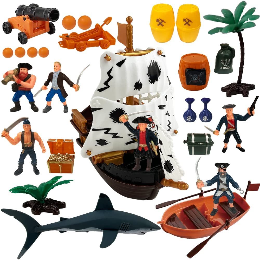 ArtCreativity Pirate Action Figure Playset, Pirate Play Set with Action Figurines, Pirate Ship Toy, Boat, Shark, Treasure Chests, Storage Box, & More, Pirate Party Decorations, Cake Toppers, & Gifts