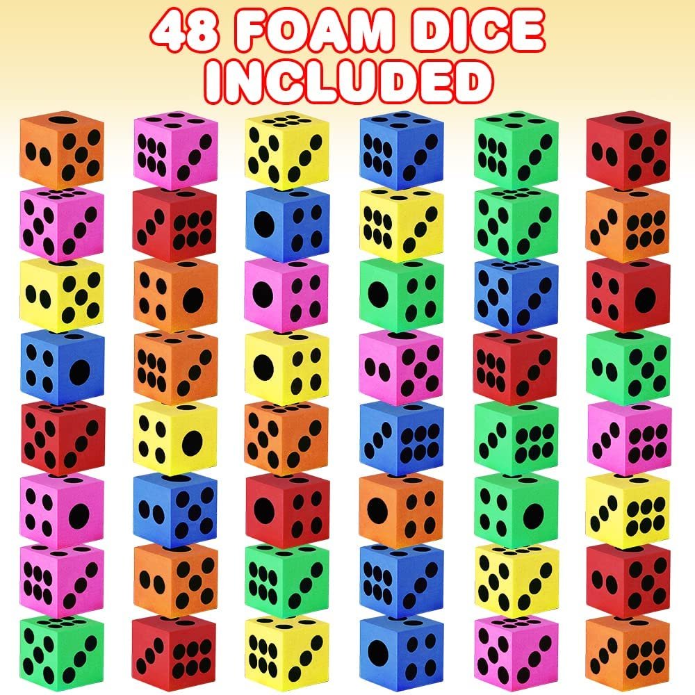 Foam Dice for Kids, Bulk Set of 48, 1.5 Inch Large Foam Dice Set in Assorted Colors, Great as Foam Dice for Classroom, Casino Party Decorations, and Colored Dice for Board Games