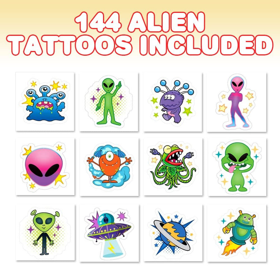 ArtCreativity Alien Temporary Tattoos for Kids, Pack of 144, Funny Extraterrestrial Tattoos, Outer Space Birthday Party Favors, Goodie Bag Fillers, Non-Candy Halloween Treats, 12 Assorted Designs