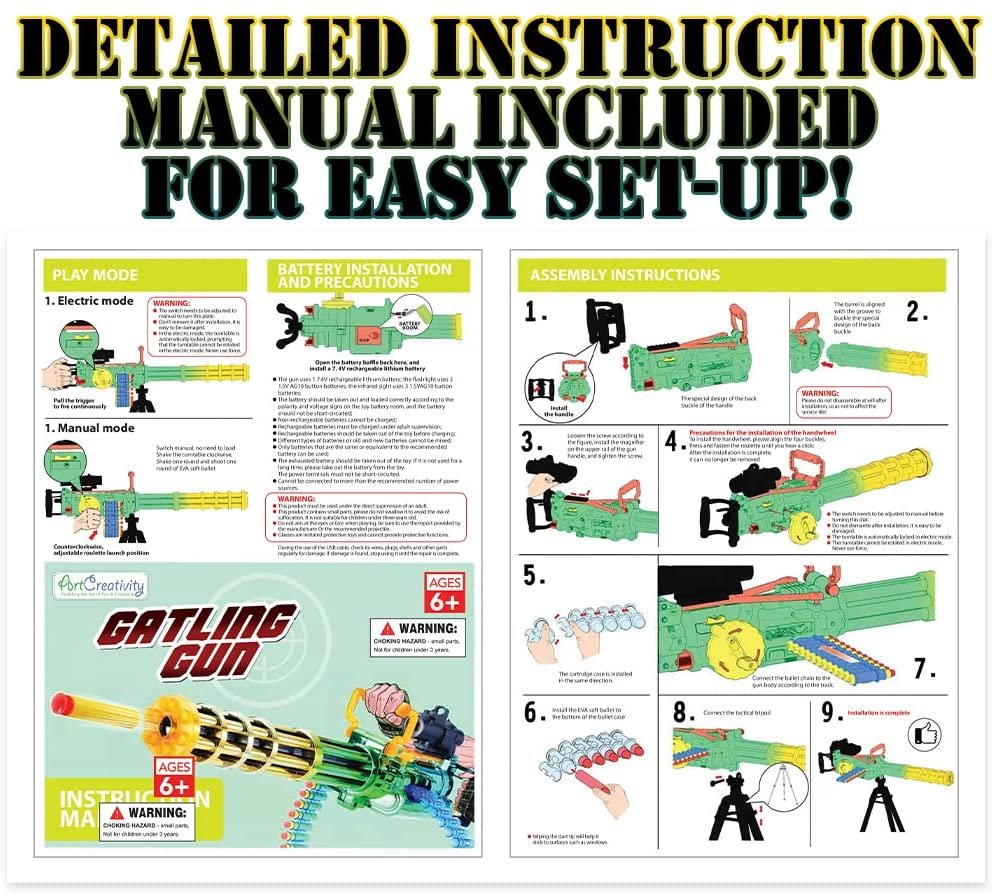 ArtCreativity Electronic Gatling Toy Gun for Kids, Rapid Toy Machine Gun with Foam Suction Darts and Accessories, Kids’ Revolving Toy Gun with Automatic and Manual Mode, Great Gift Idea