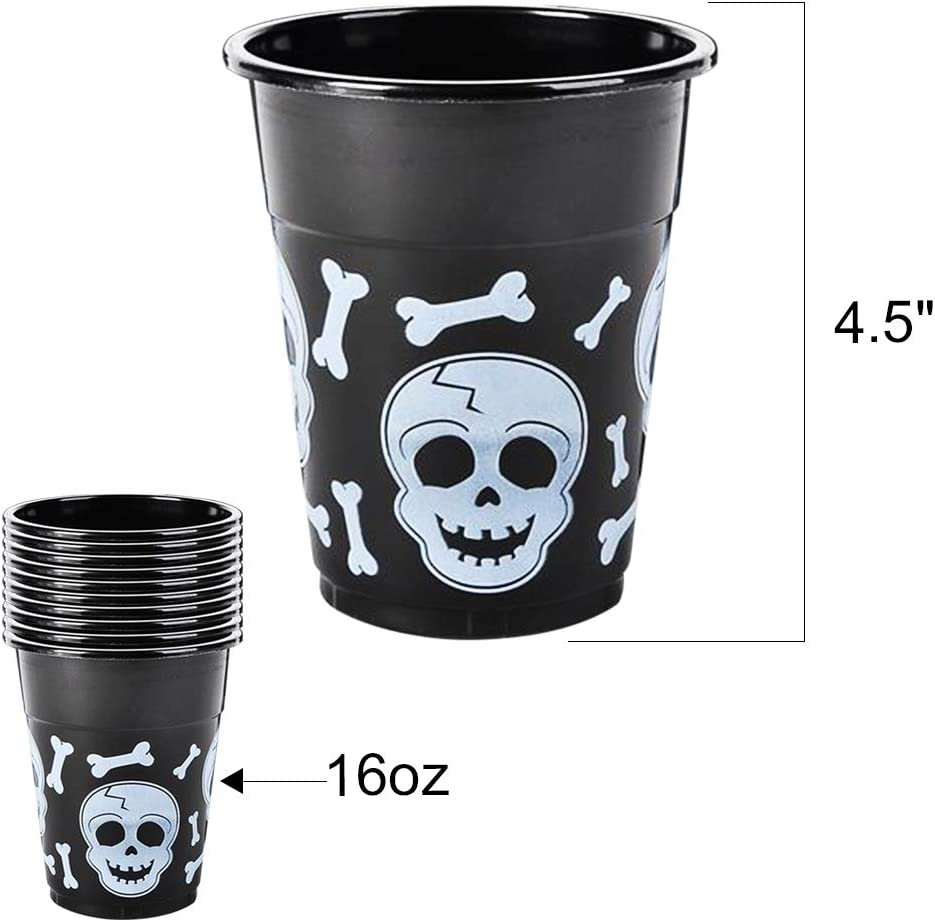 ArtCreativity 16oz Skull Disposable Party Cups, Set of 50, Plastic Party Cups for Halloween or Pirate Events, Spooky Skull and Bones Design, Fun Pirate Party Supplies, Black and White