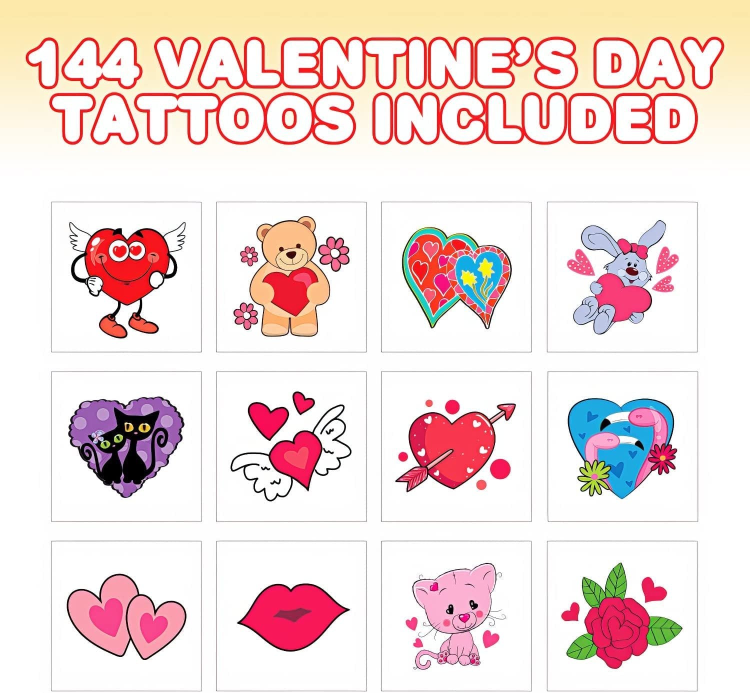 ArtCreativity Temporary Valentines Tattoos for Kids, Pack of 144, Cute Valentines Day Tattoos, Valentine Party Favors, Valentines Gifts for Kids, Goodie Bag Fillers, Halloween Treats, Assorted Designs