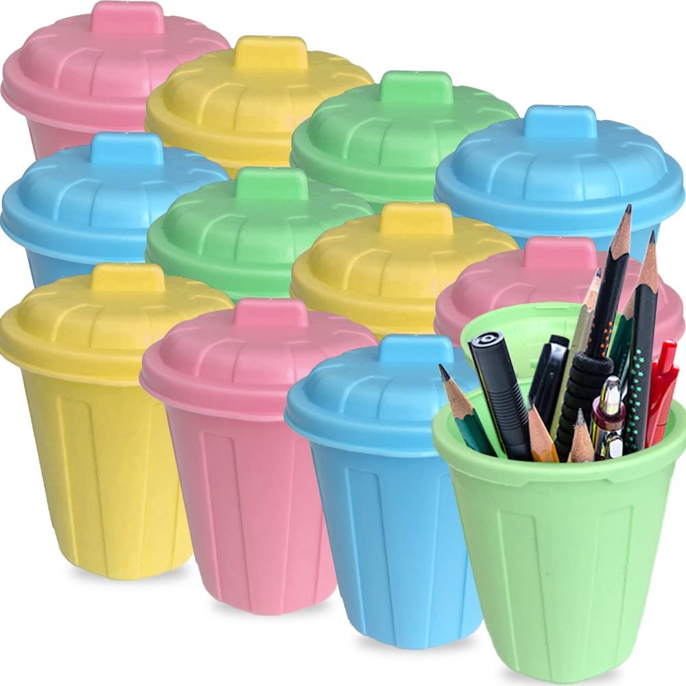 ArtCreativity 5 Inch Mini Trash Cans Set with Attached Lids, Set of 12, Miniature Garbage Bin Toy in Assorted Neon Colors, Unique Desk Organizer, Birthday Party Favors for Kids, Cute Classroom Decor