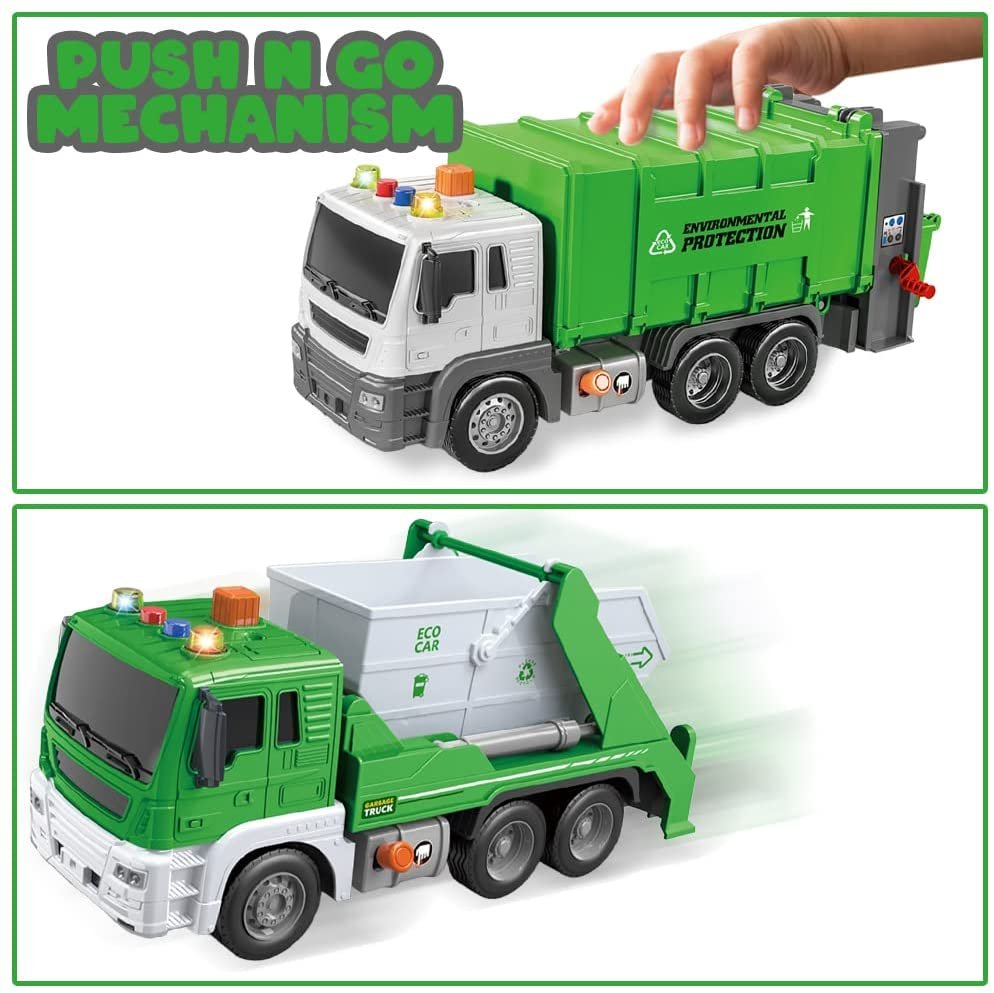 ArtCreativity Sanitation Trucks Set, Pack of 2, Light Up Garbage Trucks for Boys and Girls with Movable Parts, Sound, and LEDs, Push and Go Toy Sanitation Truck Set, Car Toys for Kids Ages 3 and Up