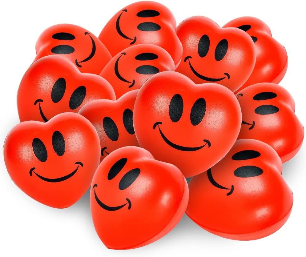 Valentines Heart Shaped Stress Balls - 12-Pack of 2.75" Squishy Heart Fidget Toys for Stress Relief, Heart Shaped Gifts for Adults & Kids, Smile Face Design, Cute Goodie Bag Fillers