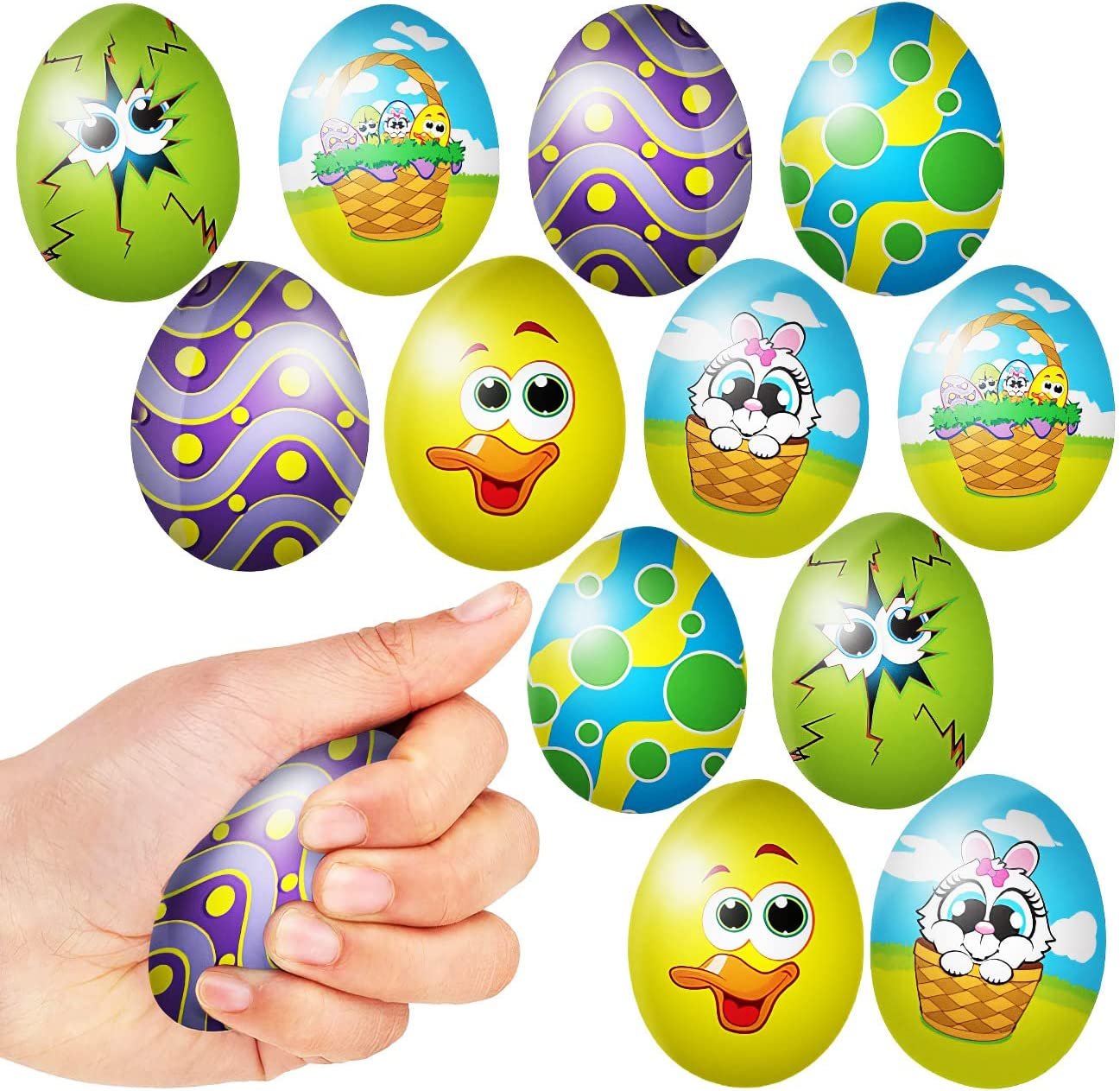 ArtCreativity 2.75 Inch Easter Stress Relief Eggs - Set of 12 - Easter Themed Stress Relief Spongy Toy for Kids and Adults - Assorted Vibrant Colors - Egg Hunt Supplies, Party Favor for Boys and Girls