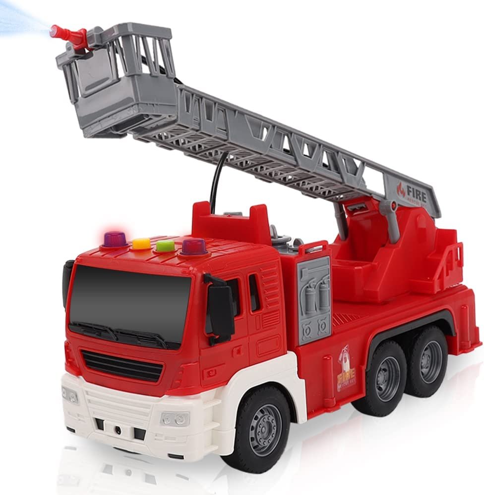 ArtCreativity Light Up Ladder Fire Truck, Red Firetruck Toys for Kids with Lights, Sounds, Water-Spraying Hose, and Extendable Ladder, Light-Up Push and Go Firefighter Toys for Kids, Great Gift Idea