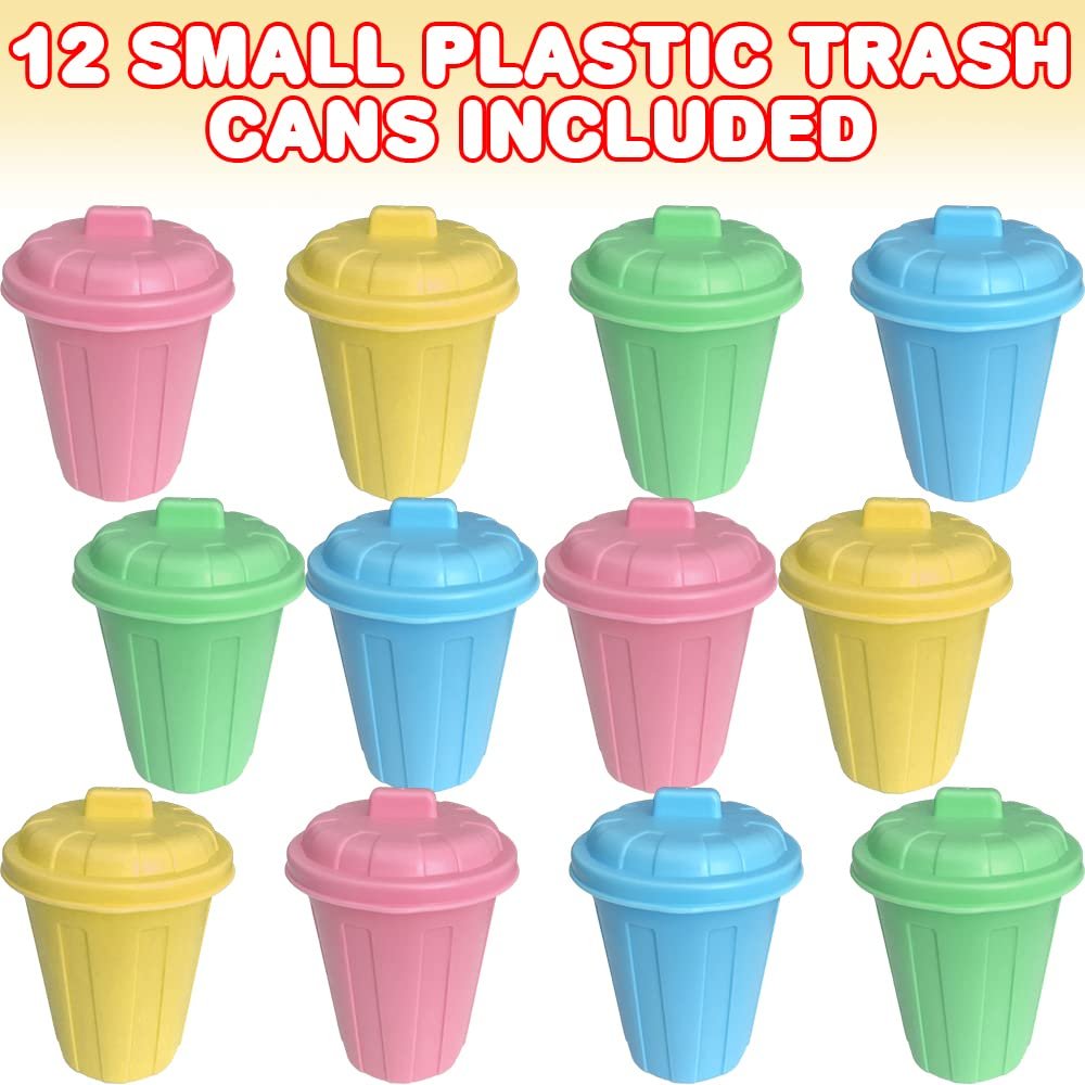 ArtCreativity 5 Inch Mini Trash Cans Set with Attached Lids, Set of 12, Miniature Garbage Bin Toy in Assorted Neon Colors, Unique Desk Organizer, Birthday Party Favors for Kids, Cute Classroom Decor