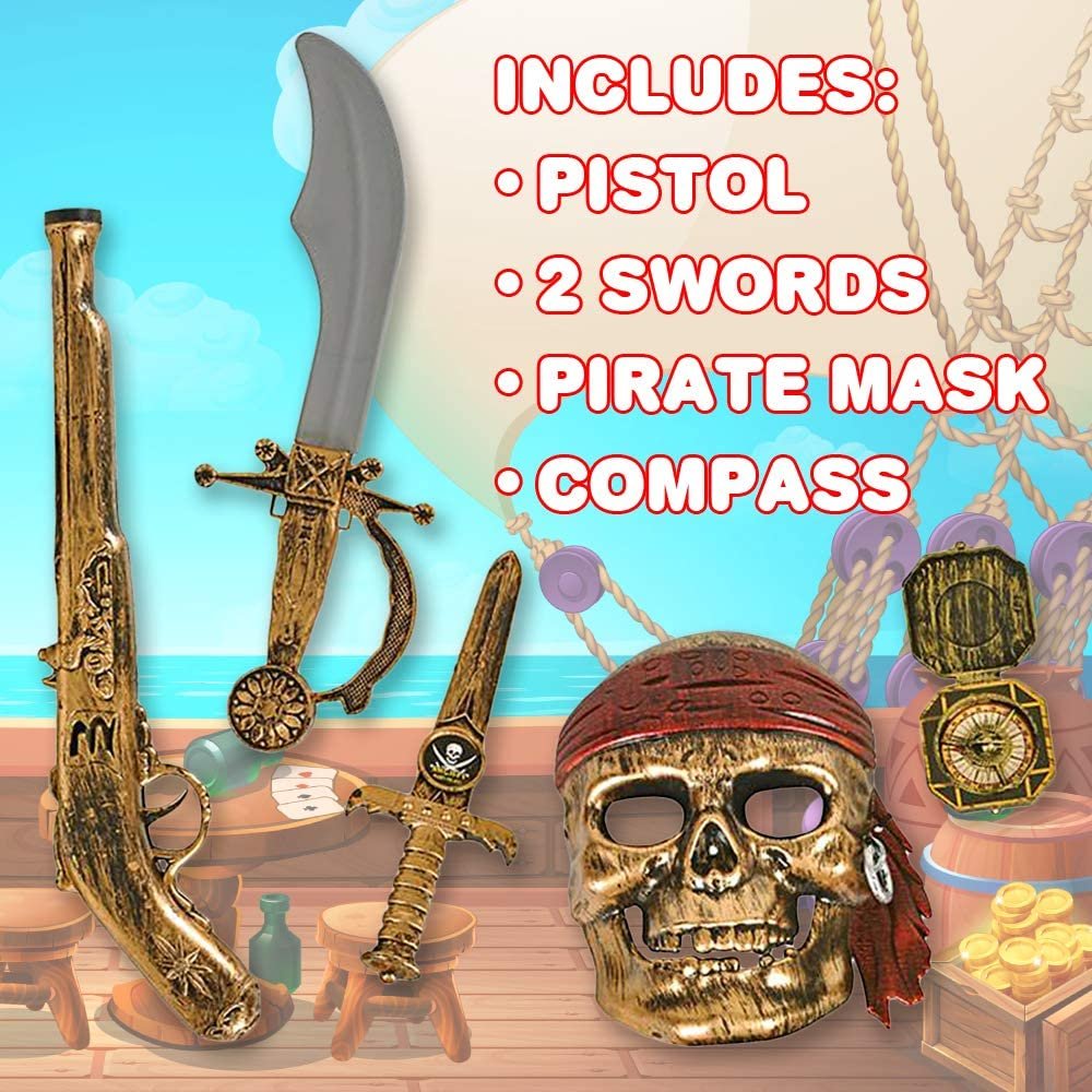 ArtCreativity Pirate Play Set for Kids, 5PC Playset with Plastic Sword, Pistol, Dagger, Compass, and Mask, Pirate Halloween Costume Accessories and Photo Booth Props, Fun Pretend Play Set