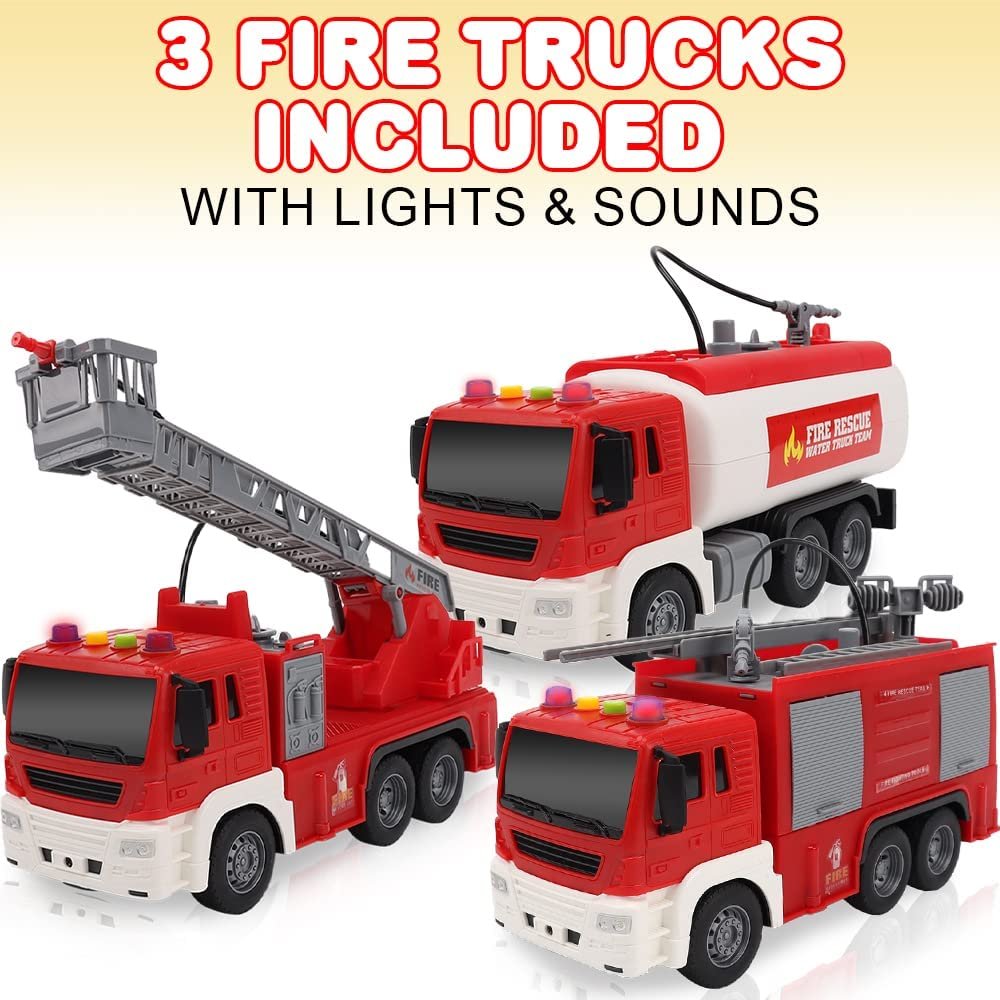 ArtCreativity Fire Trucks for Kids, Set of 3, Includes Ladder Truck, Tanker Truck, and Engine Truck, Fire Truck Toys with Real Water Spraying, LEDs, and Sound, Push and Go Fire Trucks for Boys & Girls