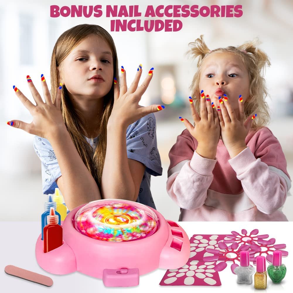 ArtCreativity Swirl Painting Kit with Bonus Nail Accessories, Includes Paint, Glitter Glue, Nail Sticker Sheets, and More, Spin Art Machine Set for Kids, Great Gift Idea for Girls