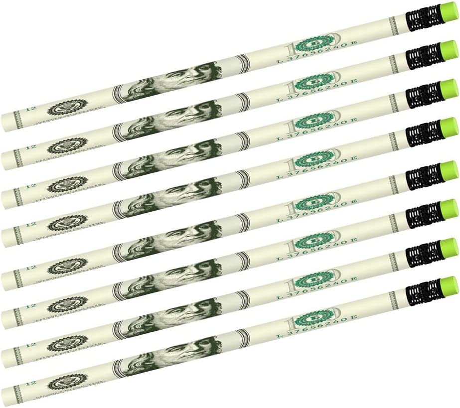 ArtCreativity $100 Bill Pencils, Set of 24, Cool Writing Pencils with Erasers, Birthday Party Favors, Party Goody Bag Fillers, Teacher Supplies for Classroom