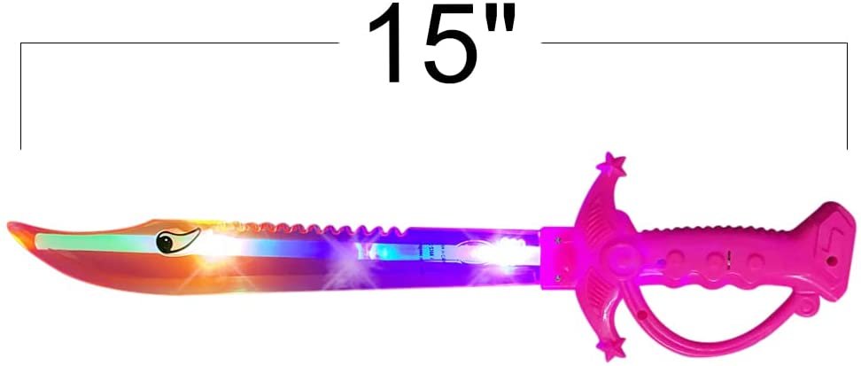 ArtCreativity Light Up Pink Shark Swords for Kids, Set of 2, 15 Inch Toy Sword with Flashing LED Lights, Halloween Dress-Up Costume Accessories, Great Birthday Gift for Boys and Girls