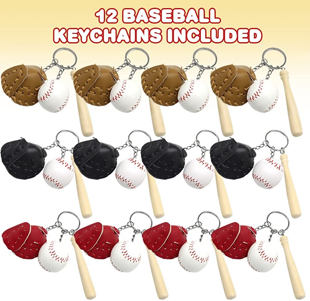 ArtCreativity Baseball Keychains for Kids, Set of 12, Wooden Baseball Bat Keychains with a Ball and Mitt, Baseball Party Favors, Sports Party Goodie Bag Fillers, and Gifts for Athletes, 3 Colors