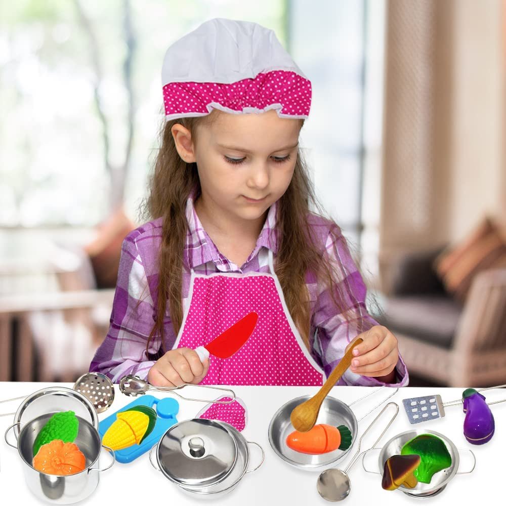 ArtCreativity Pretend Play Kitchen Set for Kids, 23-Piece Kids’ Kitchen Playset with Pots, Pans, Chef Hat, Apron, Utensils, Knife Toy, Pretend Play Food, & More, Kids’ Kitchen Playset for Hours of Fun