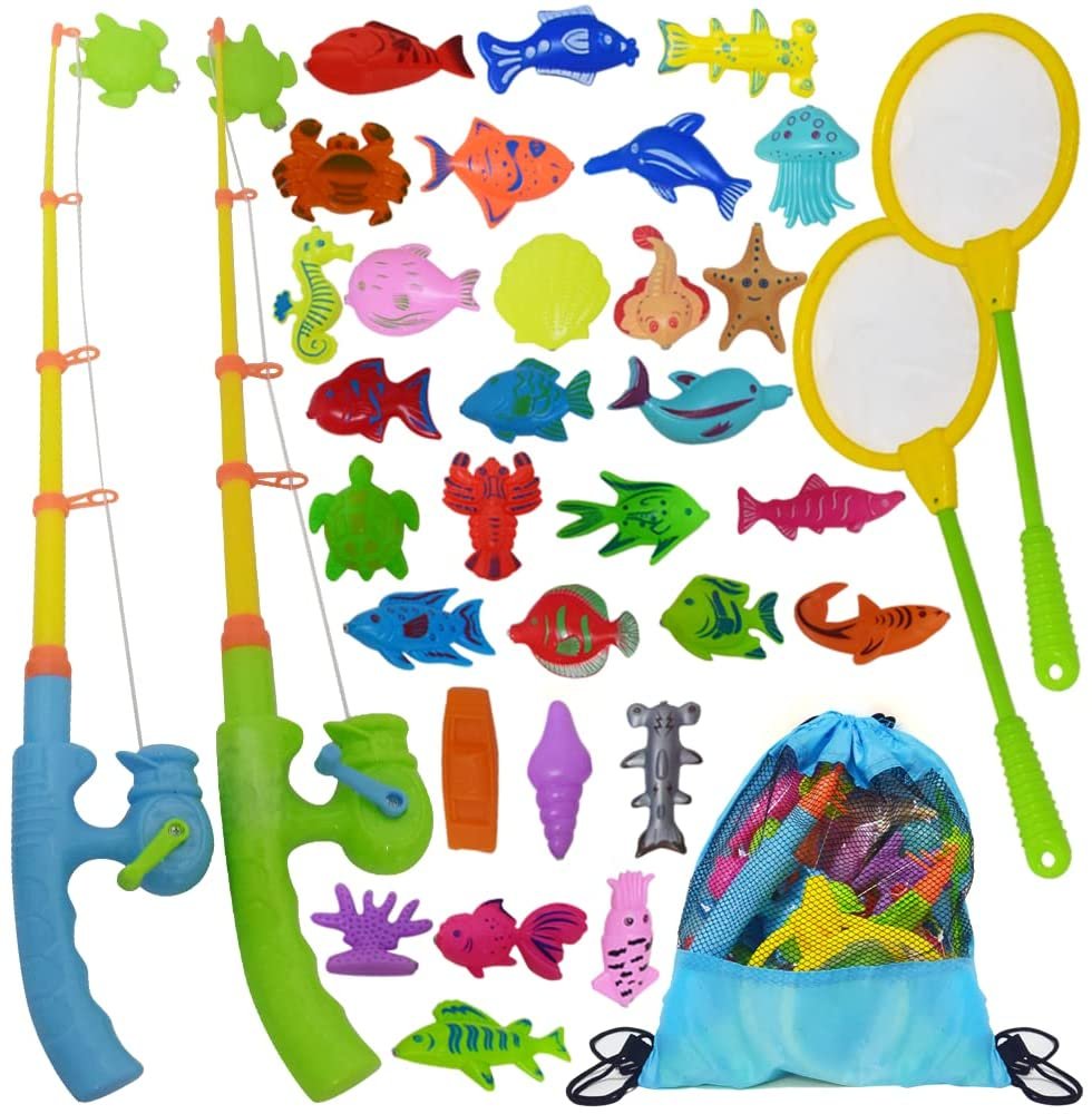 ArtCreativity Fishing Toys Set for Toddlers, Magnetic Fishing Set with Rods, Nets, Bag, and 30 Aquatic Toys, Interactive Fishing Game for Kids, Swimming Pool, Bath Toys for Kids, Boys and Girls