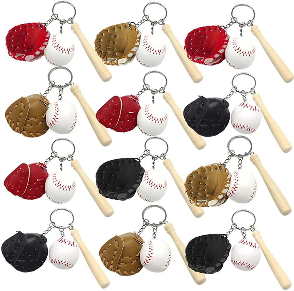 ArtCreativity Baseball Keychains for Kids, Set of 12, Wooden Baseball Bat Keychains with a Ball and Mitt, Baseball Party Favors, Sports Party Goodie Bag Fillers, and Gifts for Athletes, 3 Colors