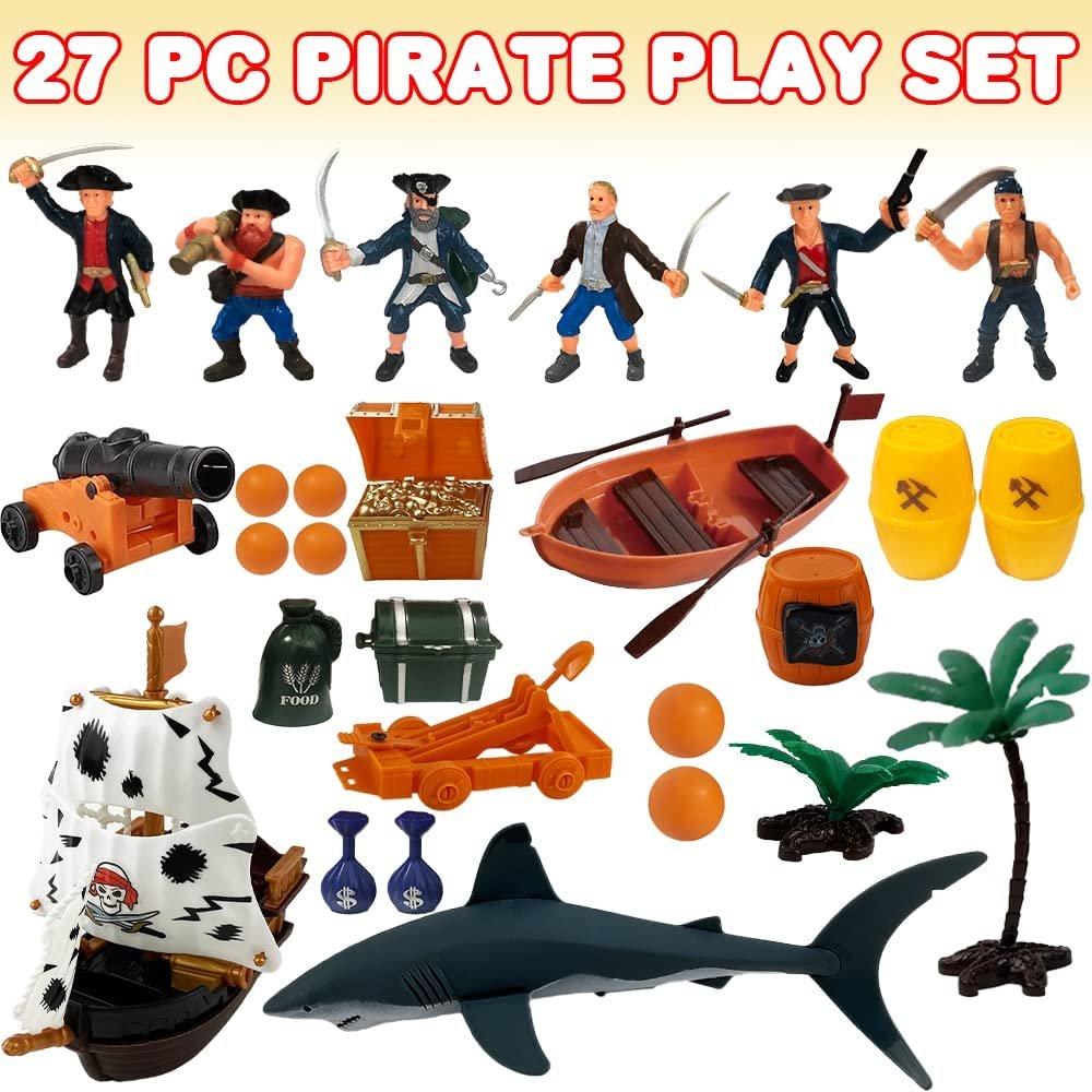 ArtCreativity Pirate Action Figure Playset, Pirate Play Set with Action Figurines, Pirate Ship Toy, Boat, Shark, Treasure Chests, Storage Box, & More, Pirate Party Decorations, Cake Toppers, & Gifts