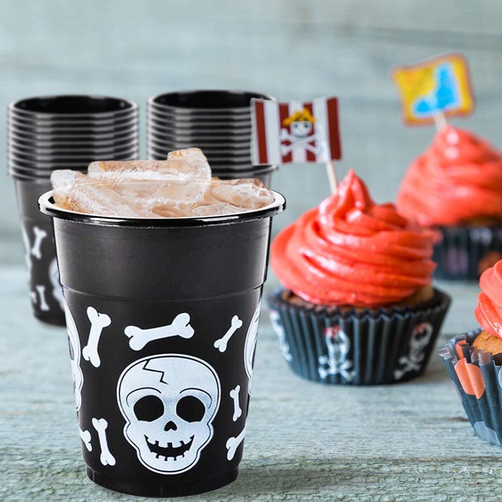 ArtCreativity 16oz Skull Disposable Party Cups, Set of 50, Plastic Party Cups for Halloween or Pirate Events, Spooky Skull and Bones Design, Fun Pirate Party Supplies, Black and White