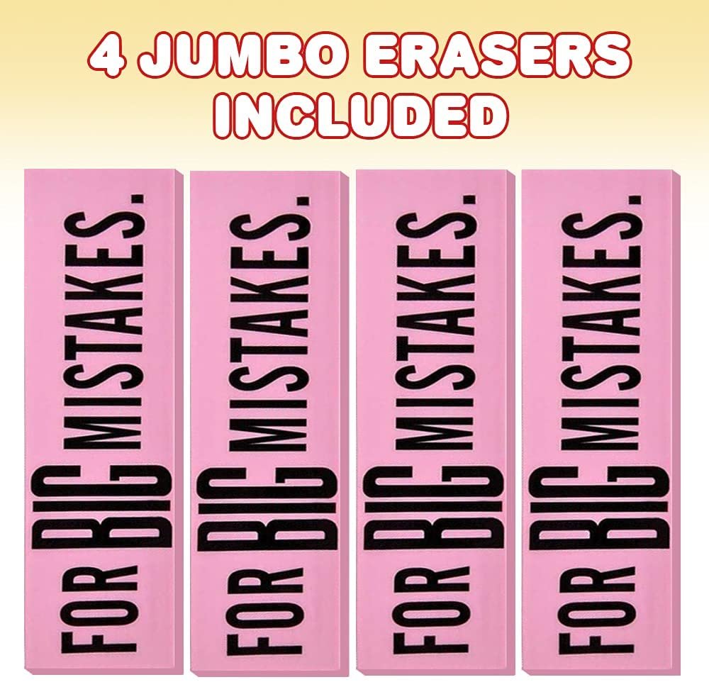 ArtCreativity Pink Mistake Erasers for Kids, Pack of 4, Really Big Erasers, 5.5 Inch Giant Pencil Rubber, Cool Back to School Stationery Supplies for Boys and Girls, Joke Gag Gifts for Adults