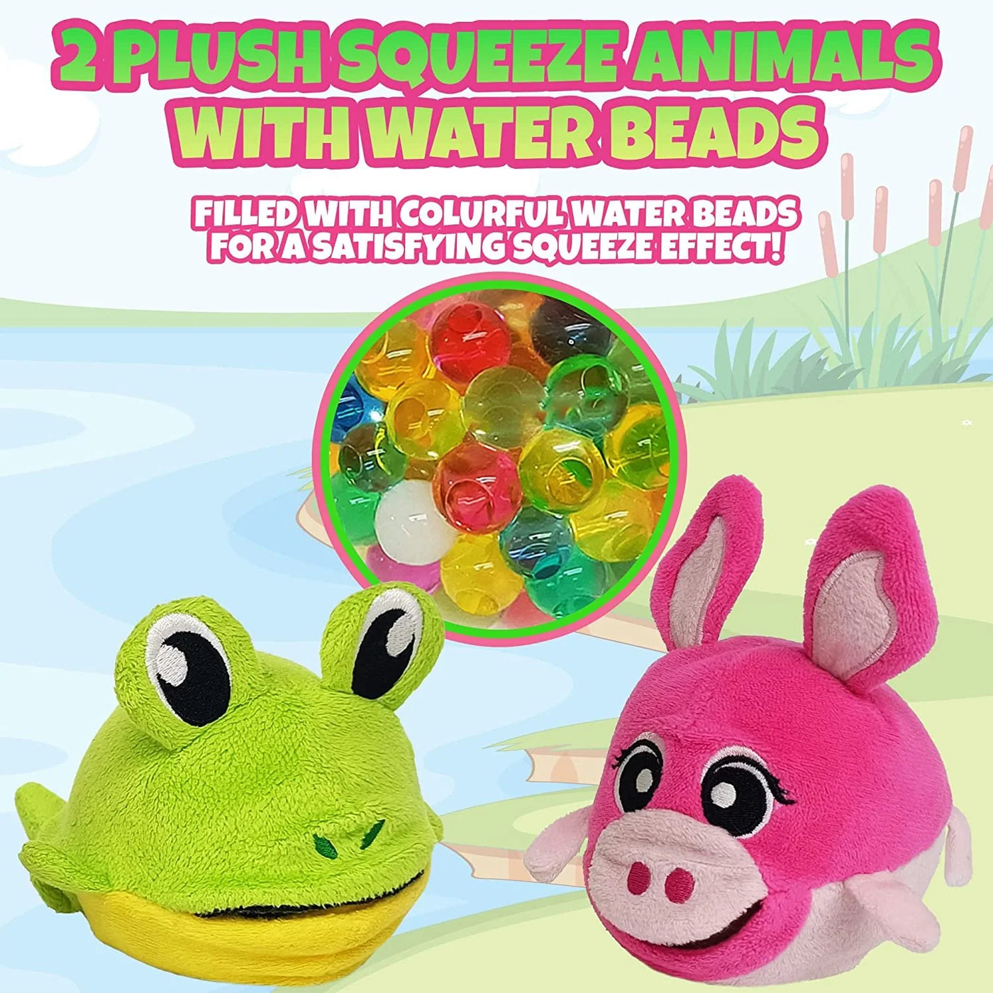 Plush Animal Toy with Squeezy Water Beads, Set of 2, Cute Stress Relief Sensory Toys for Boys and Girls, Zoo Safari Birthday Party Favors and Goodie Bag Fillers for Kids