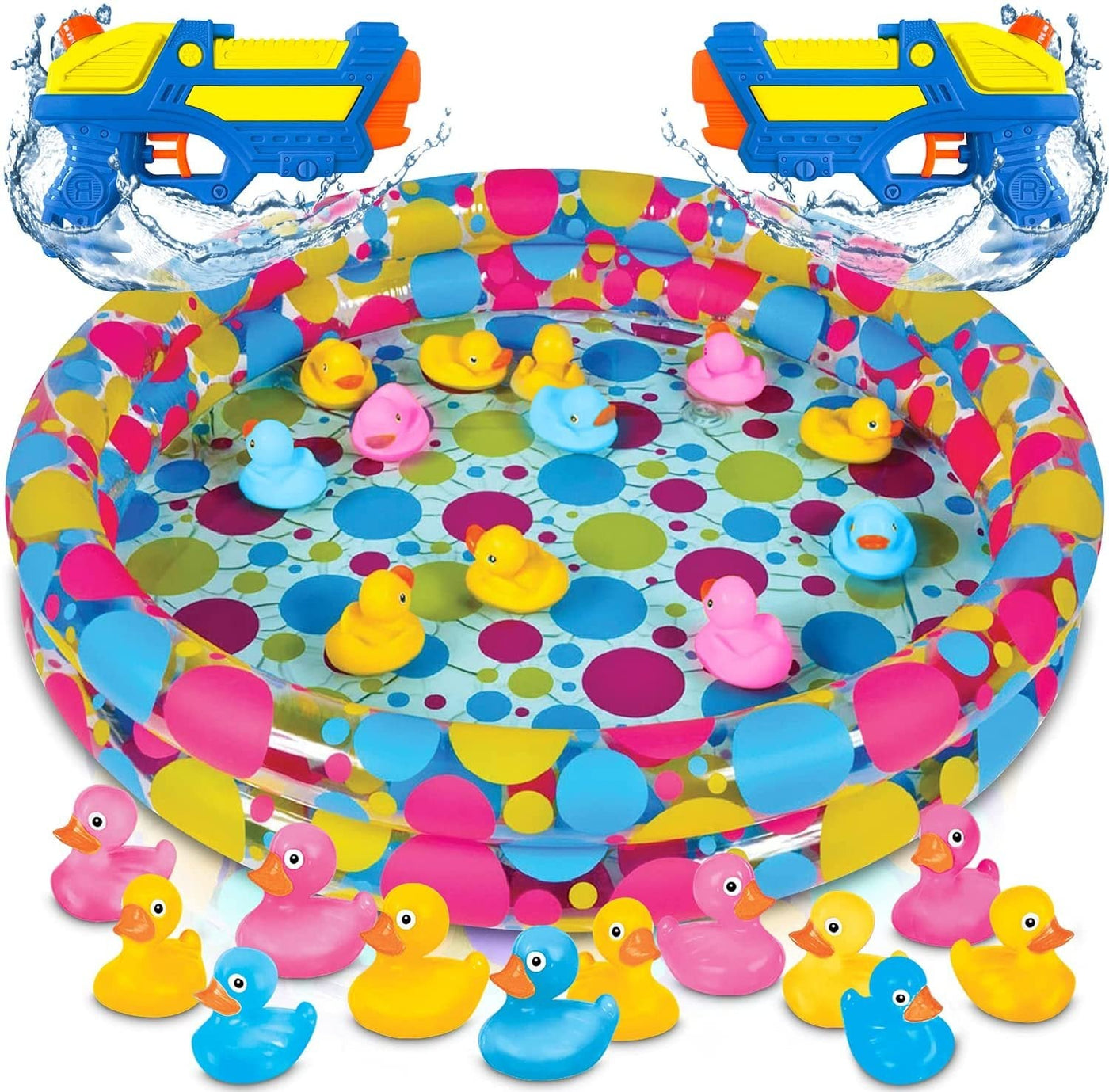 Gamie Duck’em Down Shooting Game, Carnival Duck Pond Game with 1 Inflatable Pool, 2 Water Guns, and 20 Ducks, Backyard Games for Kids, Outdoor Summer Toys, and Carnival Theme Party Decorations