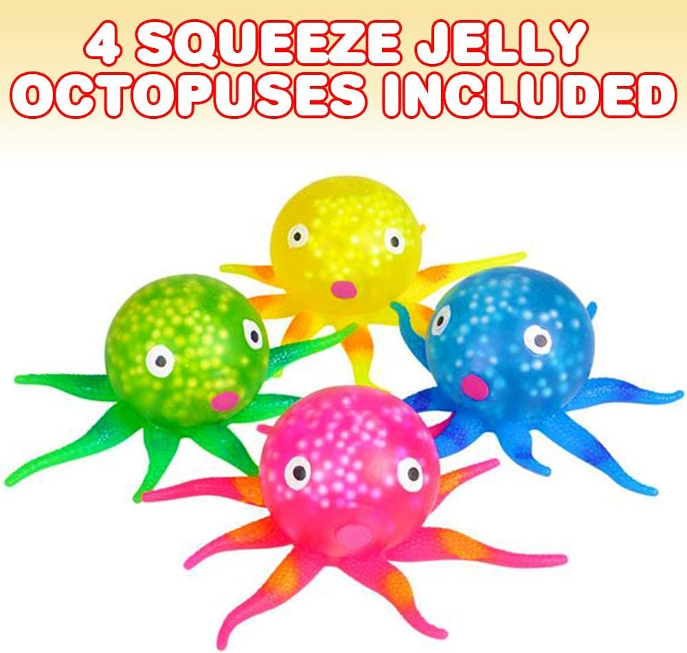 ArtCreativity Squeeze Jelly Octopus, Set of 4, Stress Relief Toys for Kids and Adults, Underwater Party Supplies, Fun Aquatic Birthday Party Favors, Relaxing Sensory Toys for Autism, 4 Colors