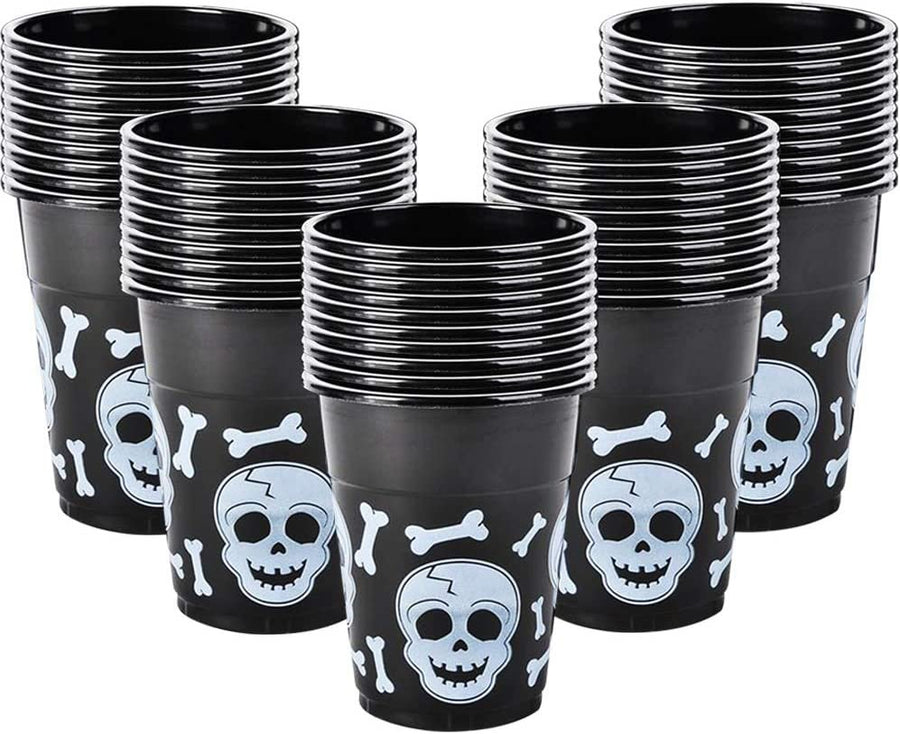 ArtCreativity 16oz Skull Disposable Party Cups, Set of 50, Plastic Party Cups for Halloween or Pirate Events, Spooky Skull and Bones Design, Fun Pirate Party Supplies, Black and White