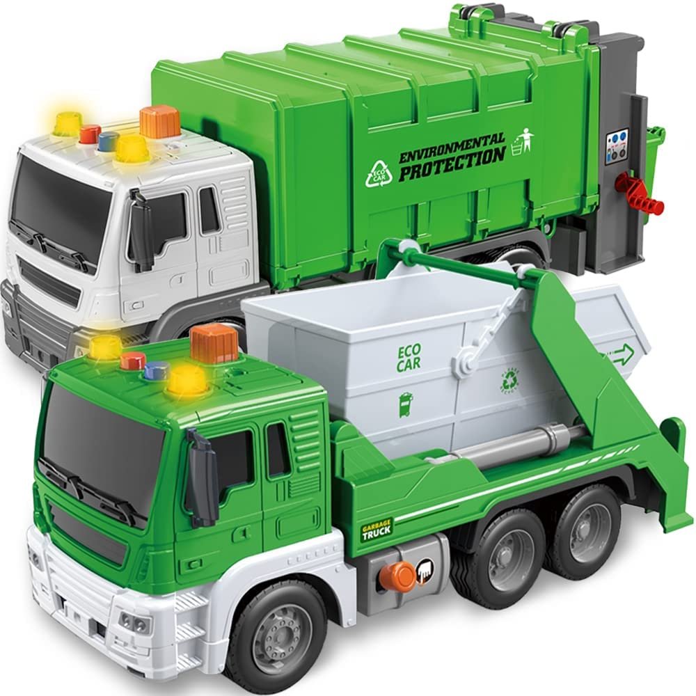 ArtCreativity Sanitation Trucks Set, Pack of 2, Light Up Garbage Trucks for Boys and Girls with Movable Parts, Sound, and LEDs, Push and Go Toy Sanitation Truck Set, Car Toys for Kids Ages 3 and Up