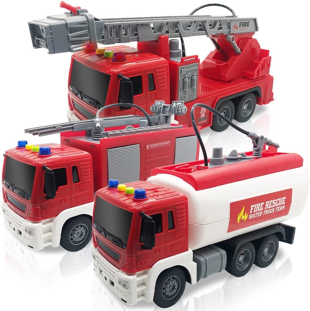 ArtCreativity Fire Trucks for Kids, Set of 3, Includes Ladder Truck, Tanker Truck, and Engine Truck, Fire Truck Toys with Real Water Spraying, LEDs, and Sound, Push and Go Fire Trucks for Boys & Girls