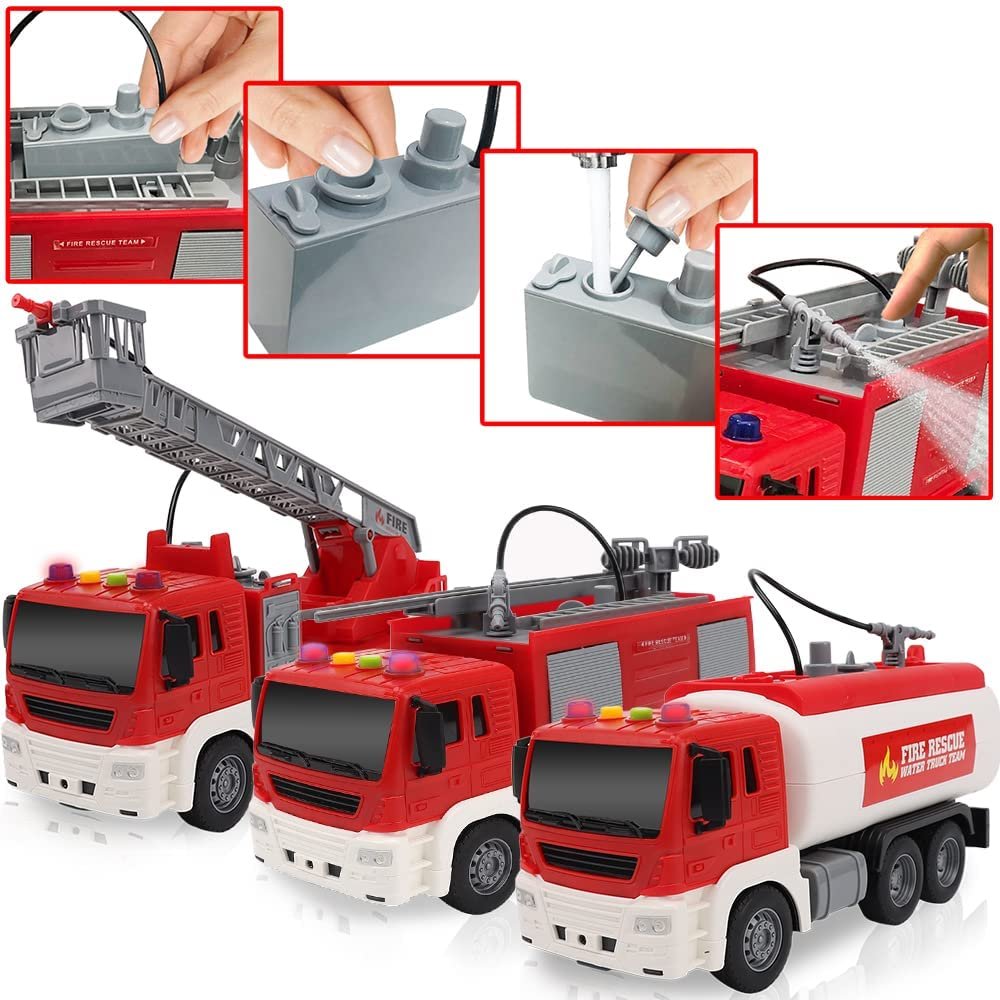 ArtCreativity Fire Trucks for Kids, Set of 3, Includes Ladder Truck, Tanker Truck, and Engine Truck, Fire Truck Toys with Real Water Spraying, LEDs, and Sound, Push and Go Fire Trucks for Boys & Girls