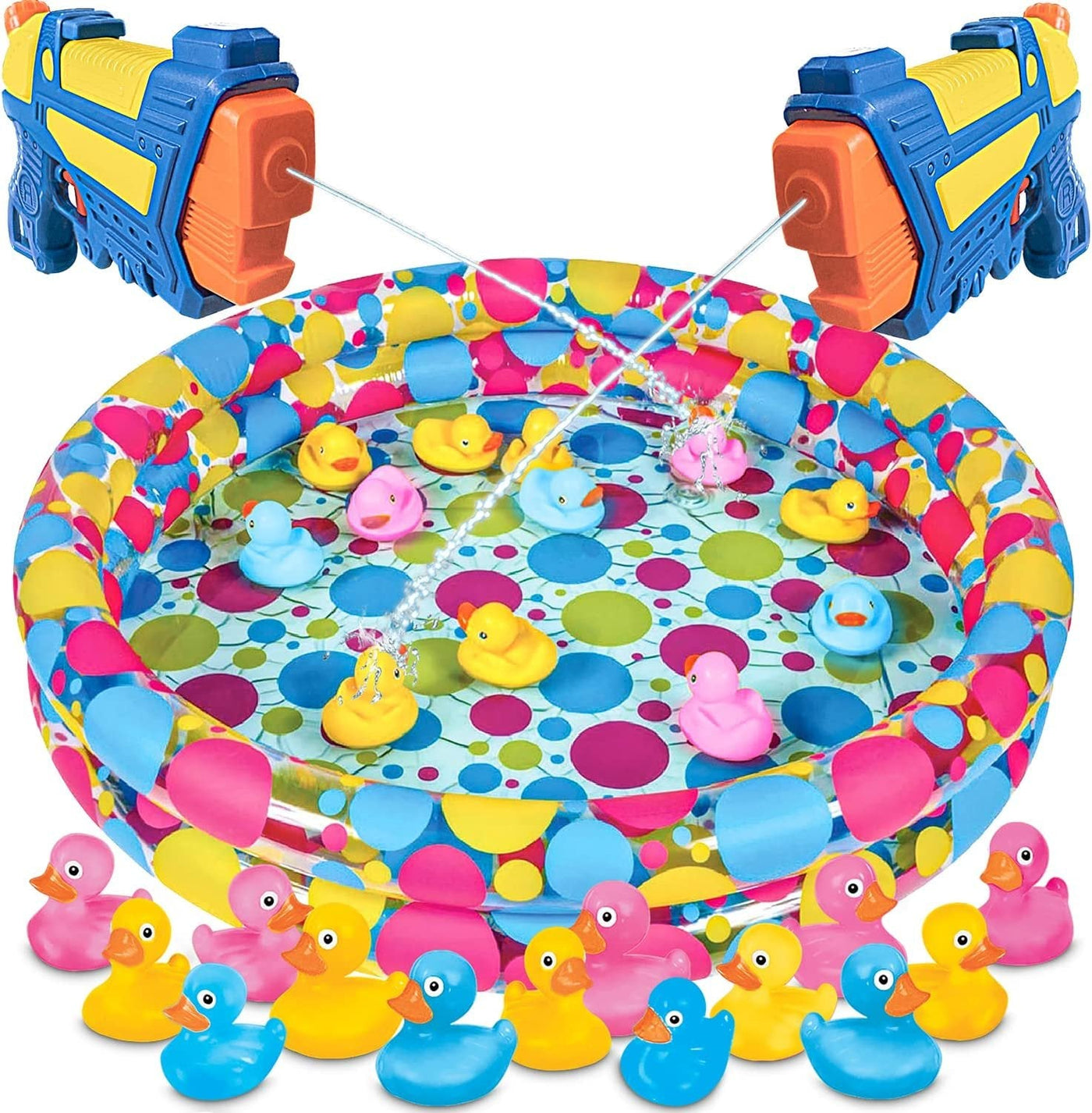 Gamie Duck’em Down Shooting Game, Carnival Duck Pond Game with 1 Inflatable Pool, 2 Water Guns, and 20 Ducks, Backyard Games for Kids, Outdoor Summer Toys, and Carnival Theme Party Decorations