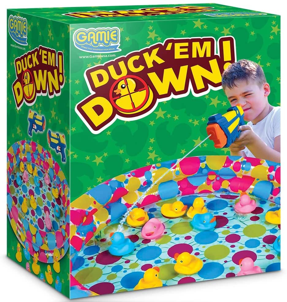 Gamie Duck’em Down Shooting Game, Carnival Duck Pond Game with 1 Inflatable Pool, 2 Water Guns, and 20 Ducks, Backyard Games for Kids, Outdoor Summer Toys, and Carnival Theme Party Decorations