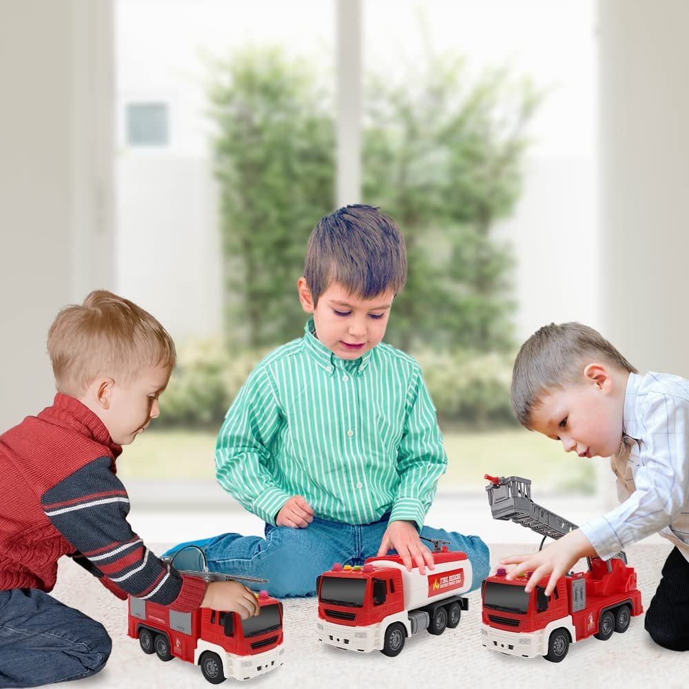 ArtCreativity Fire Trucks for Kids, Set of 3, Includes Ladder Truck, Tanker Truck, and Engine Truck, Fire Truck Toys with Real Water Spraying, LEDs, and Sound, Push and Go Fire Trucks for Boys & Girls