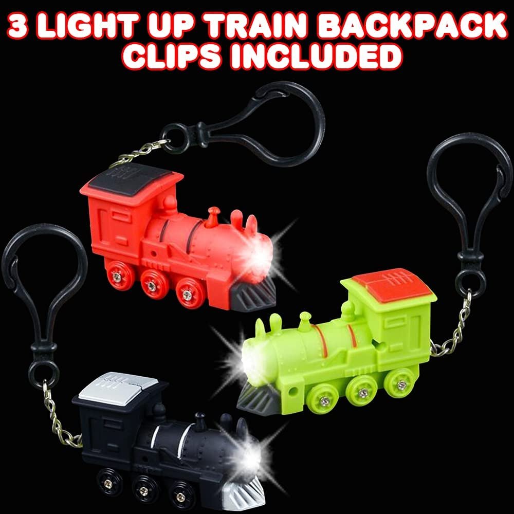 ArtCreativity Light-Up Train Backpack Clips with LEDs and Sounds, Set of 3, Fun Bag Accessories for Kids and Adults, Unique Back to School Supplies, Train Birthday Party Favors for Boys and Girls