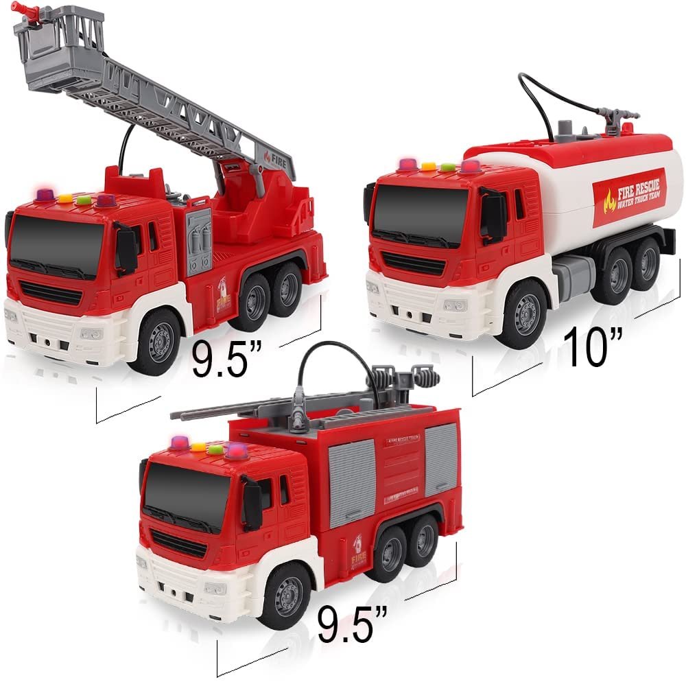 ArtCreativity Fire Trucks for Kids, Set of 3, Includes Ladder Truck, Tanker Truck, and Engine Truck, Fire Truck Toys with Real Water Spraying, LEDs, and Sound, Push and Go Fire Trucks for Boys & Girls