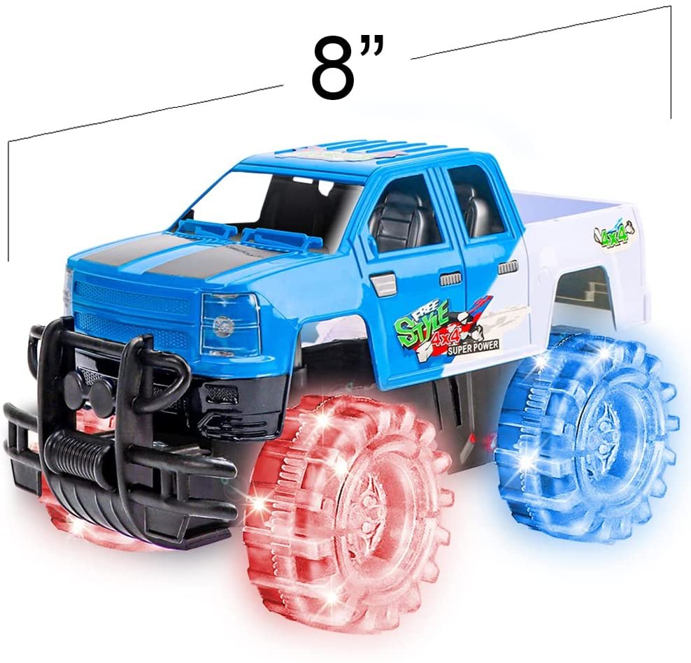 ArtCreativity Light Up Blue & White Monster Truck, 1 Piece, 8 Inch Monster Truck Toy with Flashing LED Tires & Batteries, Push n Go Car Toys for Kids, Fun Gift for Boys & Girls Ages 3 & Up…