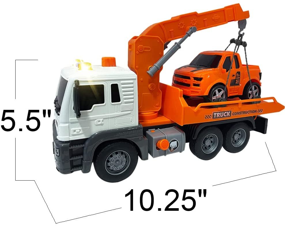 ArtCreativity Light Up Tow Truck Toy, Scale Model Tow Truck with Movable Flat Bed, Lights, Sound, and Small Car Toy for Kids, Interactive Tow Truck Toys for Boys and Girls, for Ages 3 and Up